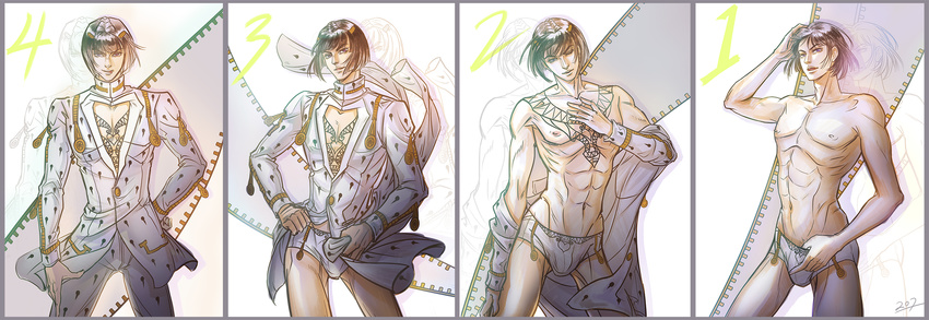 207 black_hair bob_cut briefs bruno_buccellati highres jojo_no_kimyou_na_bouken male_focus underwear undressing white_briefs zipper