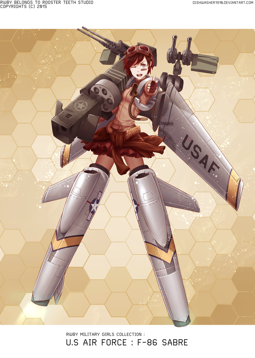 absurdres airplane_wing belt dishwasher1910 f-86_sabre full_body goggles goggles_on_head gun highres machine_gun military multicolored_hair one_eye_closed pointing pointing_at_viewer red_hair rocket_launcher ruby_rose rwby short_hair silver_eyes skirt solo striker_unit two-tone_hair weapon world_witches_series