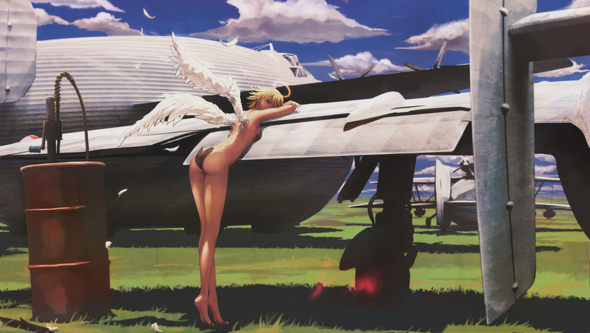 absurdres aircraft airplane angel angel_wings ass back bare_legs bare_shoulders barefoot blonde_hair breasts cloud cloudy_sky day drum_(container) feathers from_behind halo highres long_legs looking_at_viewer looking_back original pandarou scenery short_hair sky small_breasts smile solo strapless_bottom tiptoes wings