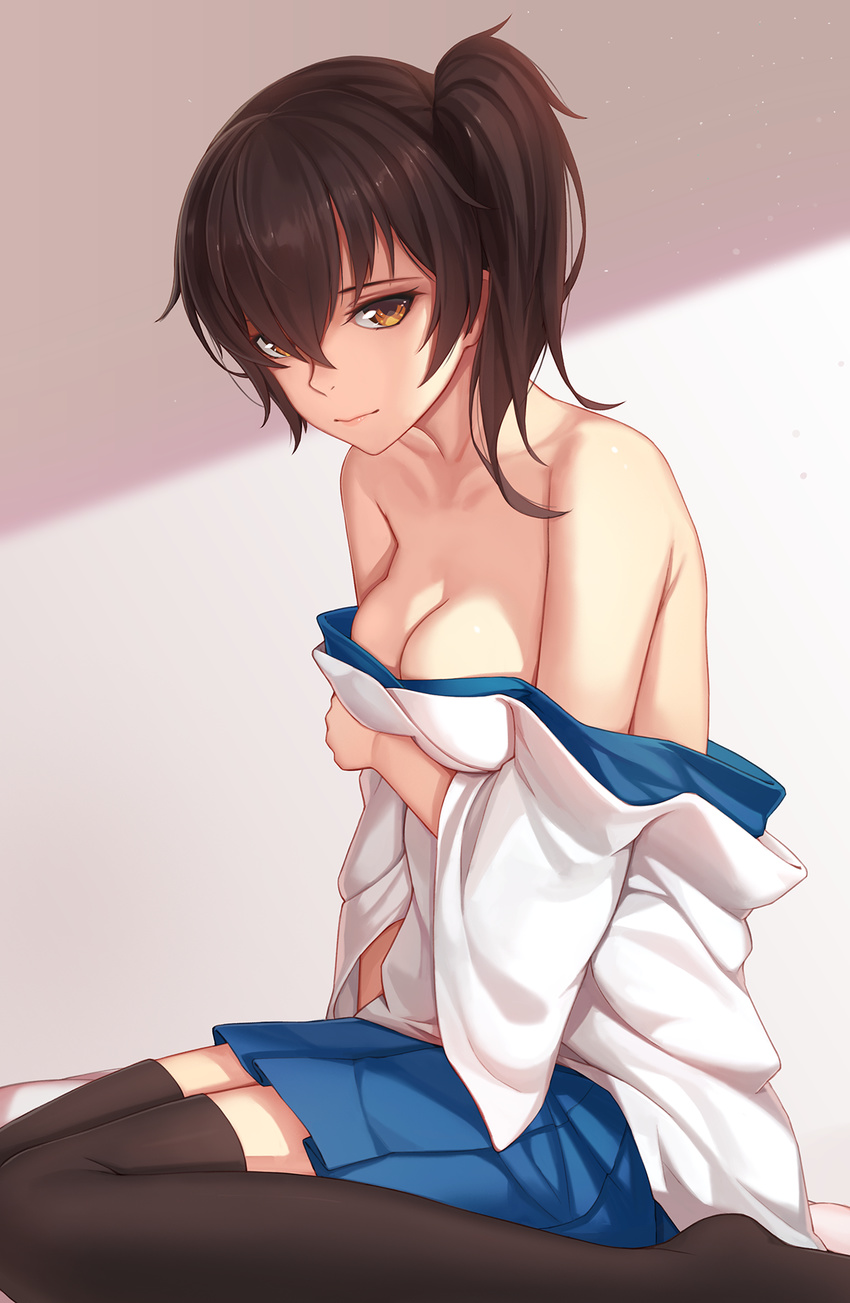 alternate_costume bare_shoulders black_legwear breasts brown_eyes brown_hair cleavage highres japanese_clothes kaga_(kantai_collection) kantai_collection long_legs looking_at_viewer medium_breasts nian no_bra off_shoulder open_clothes open_shirt pleated_skirt shirt side_ponytail sitting skirt solo thighhighs undressing wariza zettai_ryouiki