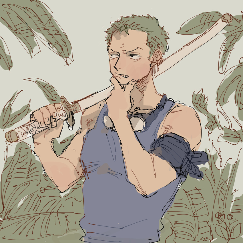 1boy goggles green_hair male_focus one_piece roronoa_zoro simple_background skypiea solo tank_top