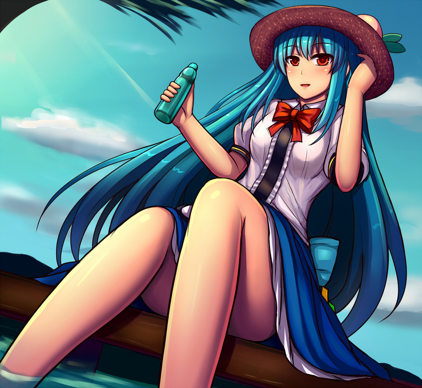 blue_hair blue_sky bottle cloud convenient_leg day food fruit hat highres hinanawi_tenshi long_hair md5_mismatch nekozombie open_mouth peach puffy_short_sleeves puffy_sleeves red_eyes shirt short_sleeves sitting skirt sky smile soaking_feet solo touhou upskirt very_long_hair