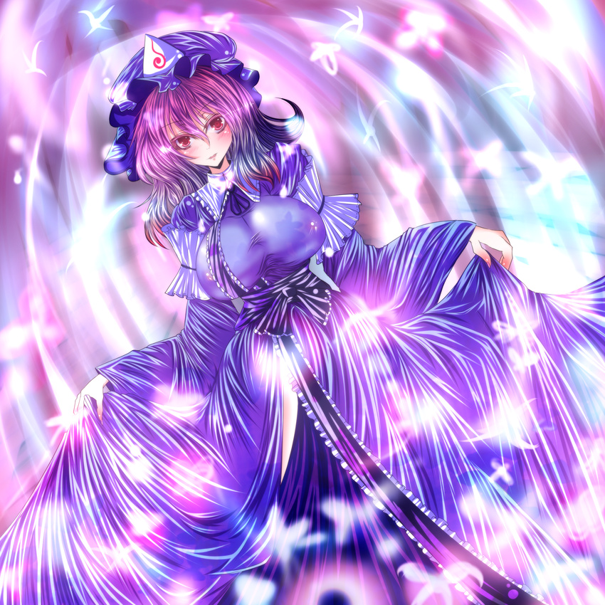 blush breasts commentary_request hat highres impossible_clothes japanese_clothes large_breasts looking_at_viewer makura_cover open_mouth pink_hair red_eyes saigyouji_yuyuko short_hair skirt skirt_lift smile solo touhou triangular_headpiece