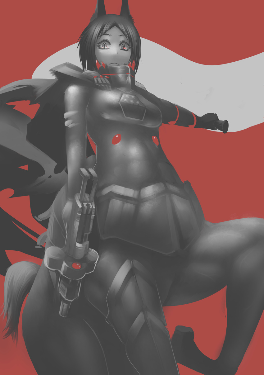 1girl adunba_rell animal_ears armor artist_request cape centaur female gun looking_at_viewer looking_down monochrome monster_girl original red_background short_hair simple_background solo weapon