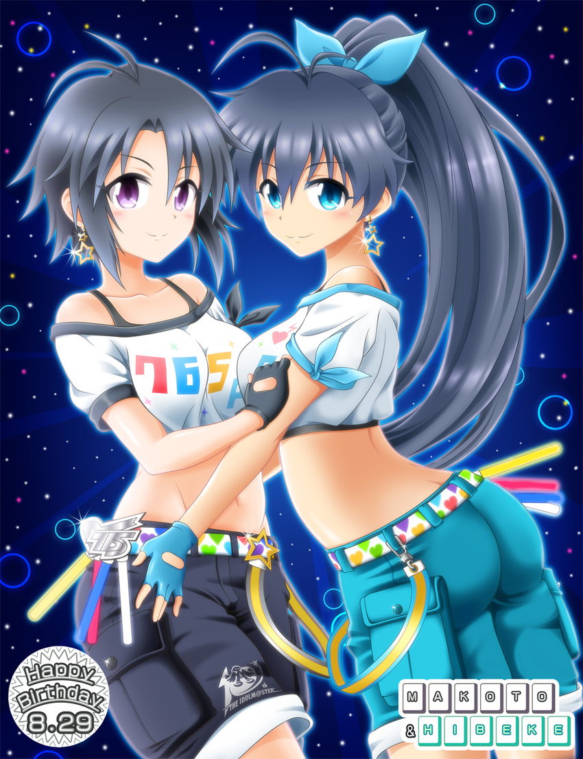 antenna_hair belt black_hair eva_16-gouki ganaha_hibiki heart heart_print highres idolmaster idolmaster_(classic) kikuchi_makoto long_hair multiple_girls off-shoulder_shirt ponytail print_belt print_shirt shirt short_hair smile street_hopper