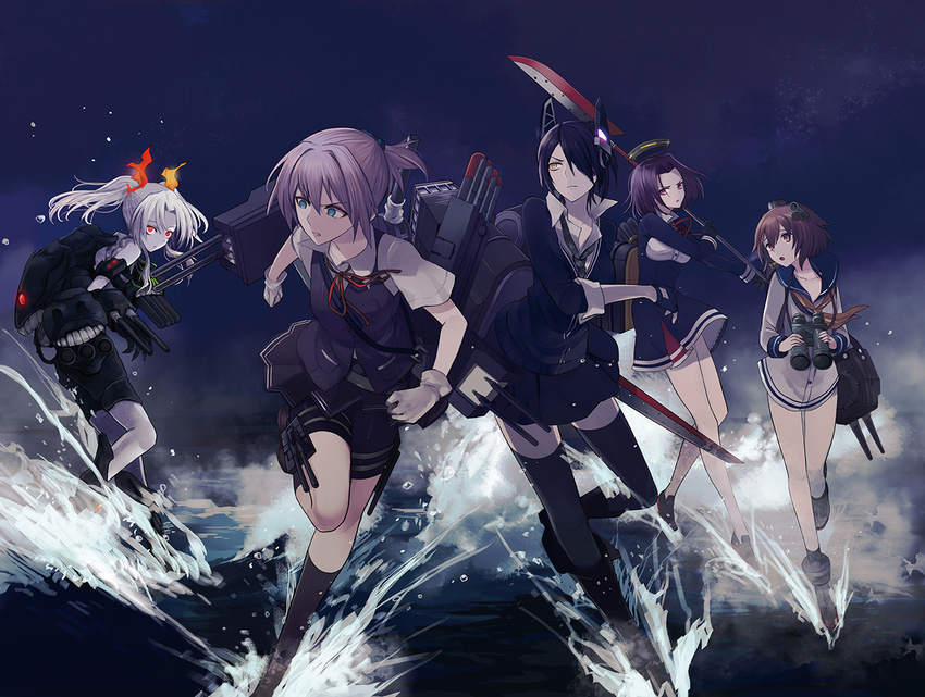 banned_artist blue_eyes cover_image dark_persona harano holding holding_weapon kagerou_(kantai_collection) kantai_collection multiple_girls ocean open_mouth purple_hair red_eyes shinkaisei-kan shiranui_(kantai_collection) tatsuta_(kantai_collection) tenryuu_(kantai_collection) weapon white_hair yellow_eyes yukikaze_(kantai_collection)