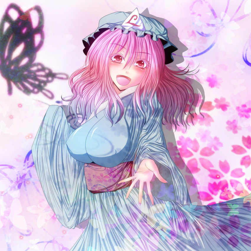 blush breasts commentary_request hat highres japanese_clothes large_breasts looking_at_viewer makura_cover open_mouth pink_hair red_eyes saigyouji_yuyuko short_hair smile solo touhou triangular_headpiece