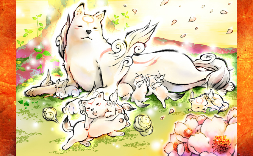 animal bunny chibiterasu dog flower minimaru no_humans odd_one_out ookami_(game) ookamiden petals playing puppy wolf yumigami