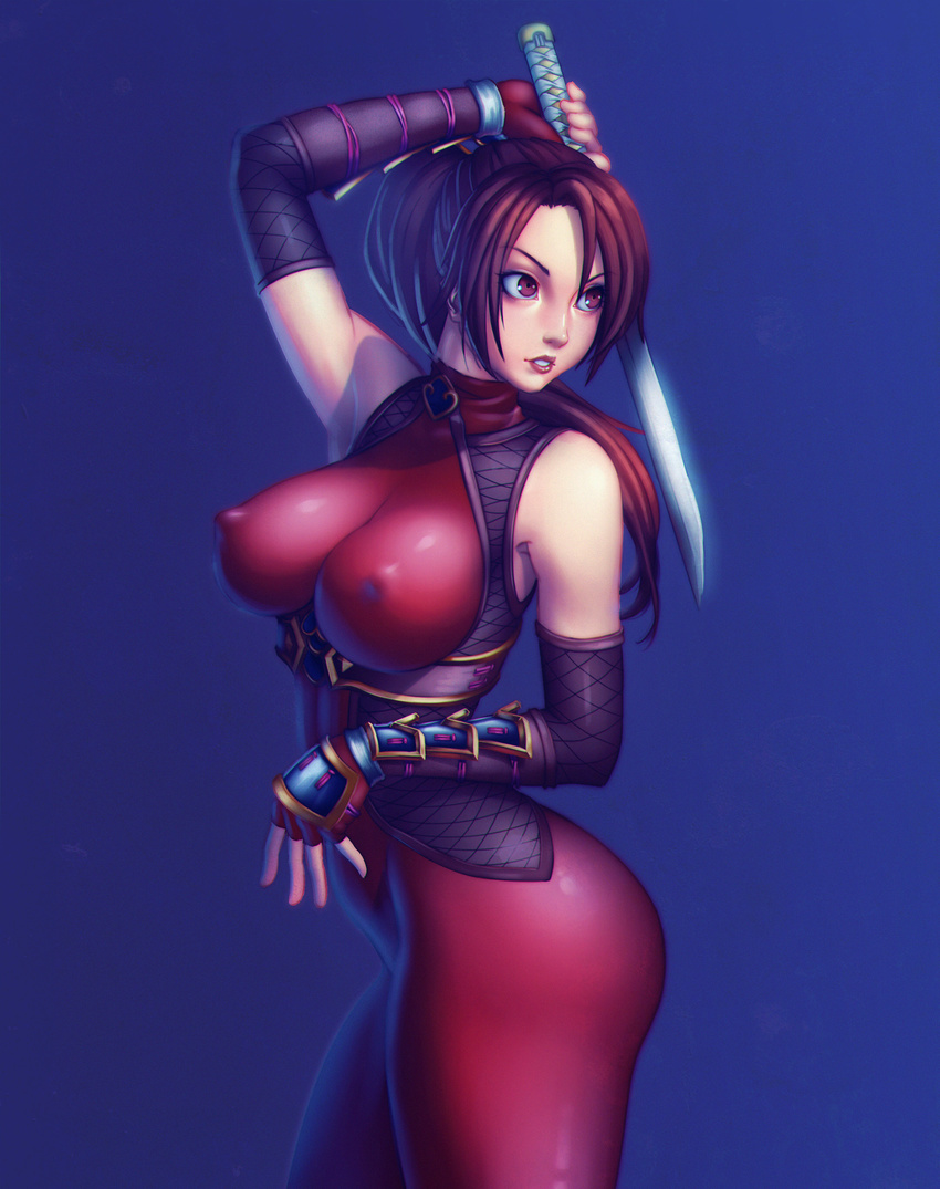 absurdres arm_up armor blue_background bodysuit breasts brown_eyes brown_hair chromatic_aberration covered_nipples cowboy_shot gloves highres ilya_kuvshinov_(style) large_breasts lips long_hair looking_away looking_to_the_side nikita_varb parody parted_lips ponytail simple_background skin_tight solo soulcalibur style_parody sword taki_(soulcalibur) weapon