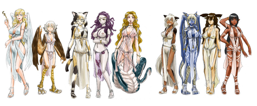 angel angel_wings animal_ears bangle black_hair black_sclera blonde_hair blue_eyes blue_skin blue_wings bracelet breasts brown_eyes brown_hair brown_wings bunny_ears cat_ears cat_tail cleavage dark_skin dragon_girl dragon_horns dragon_tail dragon_wings earrings extra facial_tattoo feathered_wings feathers full_body fur gate_-_jieitai_ka_no_chi_nite_kaku_tatakaeri gorgon grin harpy highres horns huge_breasts jewelry lamia large_breasts long_hair long_tongue mizari_(gate) monster_girl multicolored_hair multiple_arms multiple_girls navel necklace nipples pale_skin pelvic_curtain pipe pointy_ears prostitution purple_hair red_eyes sao_satoru scales simple_background slit_pupils smile snake_hair tail talons tattoo tongue tongue_out topless tyuwaru white_background white_hair white_wings wings yellow_eyes