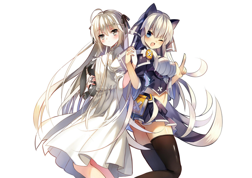 ;d ahoge animal_ears ass astaroth_(uchi_no_hime-sama) back-to-back bangs black_legwear black_ribbon blue_eyes blush book breasts buttons cat_ears crop_top crossover dress embarrassed eyebrows_visible_through_hair fake_animal_ears flipped_hair grey_eyes hair_between_eyes hair_ribbon hand_up hands_up happy head_tilt holding holding_hands holding_stuffed_animal impossible_clothes index_finger_raised interlocked_fingers jiji_(381134808) juliet_sleeves kasugano_sora large_breasts large_buttons leg_lift long_hair long_sleeves looking_at_viewer looking_back midriff miniskirt multiple_girls navel one_eye_closed open_mouth pleated_dress pleated_skirt puffy_sleeves ribbon shirt silver_hair simple_background skirt small_breasts smile standing standing_on_one_leg straight_hair stuffed_animal stuffed_bunny stuffed_toy thighhighs uchi_no_hime-sama_ga_ichiban_kawaii very_long_hair white_background white_dress white_hair white_ribbon yosuga_no_sora zettai_ryouiki