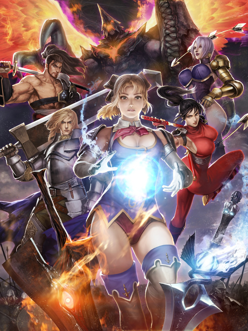 3boys 3girls armor bodysuit breasts cassandra_alexandra epic huge_breasts isabella_valentine long_hair mitsurugi_heishirou monster multiple_boys multiple_girls namco night_terror nightmare_(soulcalibur) ninja short_hair siegfried_schtauffen skin_tight soul_calibur soul_calibur_(weapon) soul_edge_(weapon) sword taki_(soulcalibur) thighhighs weapon