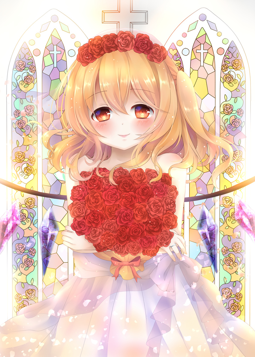 absurdres alternate_costume bare_arms bare_shoulders blonde_hair blush bouquet bridal_veil bride cross crossed_arms dress flandre_scarlet flower hair_flower hair_ornament highres jewelry lips looking_at_viewer mumu-crown object_hug red_eyes red_flower red_rose ring rose short_hair side_ponytail smile solo stained_glass touhou veil wedding_band wedding_dress window wings