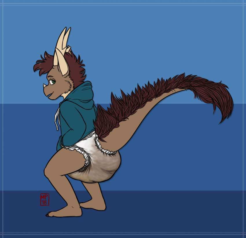 2018 anthro biped clothing crouching diaper dragon feces fur hoodie horn looking_at_viewer maxximusrexx messy_diaper scalie scat side_view soiling starbuck western_dragon