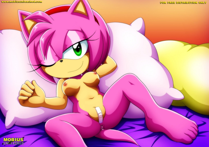 amy_rose anus band-aid bandage bbmbbf bed bedroom breasts cum erect_nipples female hairband hedgehog horny mammal mobius_unleashed nipples one_eye_closed palcomix palcomix_vip presenting pussy sonic_(series) wink