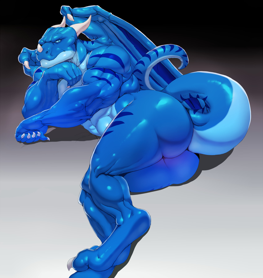 2015 abs anthro biceps blue_eyes butt digitigrade dragon justmegabenewell looking_at_viewer male muscles nude simple_background solo tabra wings