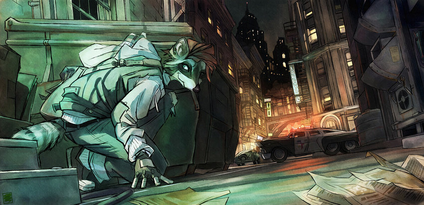 aiden ambiguous_gender anthro city clothing crouching darbaras detailed_background dumpster fingerless_gloves gloves hair mammal messenger_bag night police raccoon red_hair