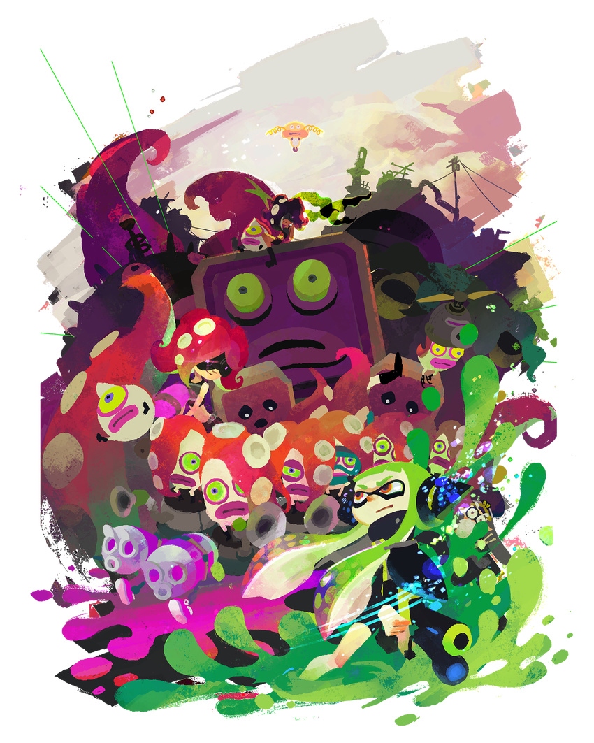 absurdres commander_atarime denchinamazu goggles green_hair green_sclera hat hero_shot_(splatoon) highres inkling inoue_seita multiple_girls octarian octoball octocopter octotrooper official_art orange_eyes paint_splatter peaked_cap red_hair scuba_gear sidelocks splatoon_(series) splatoon_1 squidbeak_splatoon takozonesu tentacle_hair v