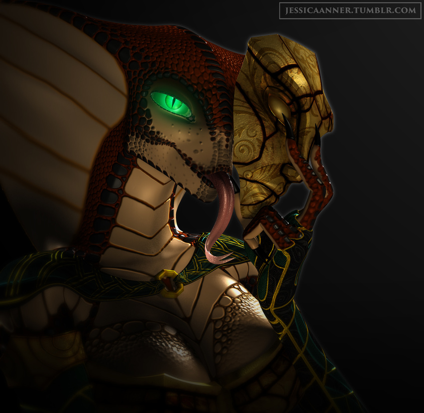 3d anthro breasts claws cleavage clothed clothing female glowing glowing_eyes green_eyes jessica_anner jewelry long_tongue mask naga red_scales reptile scales scalie sha'an smile snake solo tongue tongue_out yellow_scales