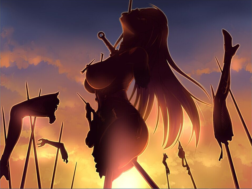 1girl all_the_way_through amputee ass auge_(akd) backlighting bad_end breasts cloud corpse death female fuuma_tokiko guro impaled insertion large_breasts legs long_hair nipple_piercing out outdoors quadruple_amputee sky solo taimanin_asagi_battle_arena tongue tongue_out twilight vaginal vaginal_object_insertion very_long_hair violence