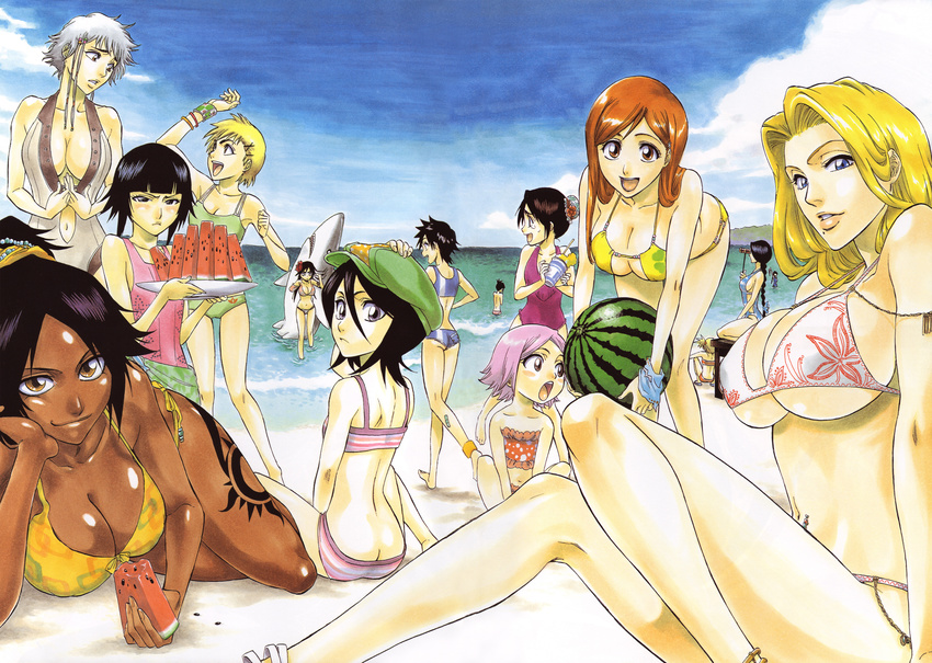 6+girls absurdres age_difference arisawa_tatsuki ass bare_shoulders beach bent_over bikini bikini_top binoculars black_eyes black_hair bleach blonde_hair blue_eyes blush braid breasts bun_cover butt_crack child cleavage cloud dark_skin drink everyone flat_chest food fruit grey_hair hair_bun happy hat highres hinamori_momo holding holding_fruit huge_breasts inoue_orihime ise_nanao kotetsu_isane kotetsu_kiyone kubo_taito kuchiki_rukia kurotsuchi_nemu kusajishi_yachiru large_breasts leaning_forward legs long_hair looking_at_viewer looking_away looking_back lying matsumoto_rangiku mole multiple_girls navel ocean official_art orange_hair pink_hair polka_dot polka_dot_bikini polka_dot_swimsuit ponytail red_hair sand sarugaki_hiyori shark shiba_kuukaku shihouin_yoruichi shiny shiny_skin short_hair silver_hair single_braid sitting sky smile standing sui-feng swimsuit tankini tattoo thighs underboob unohana_retsu water watermelon yellow_eyes