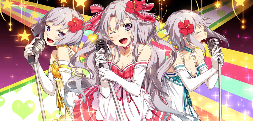 :d ;d breasts cleavage closed_eyes elbow_gloves g_yuusuke game_cg gloves heart heart-shaped_pupils highres long_hair microphone microphone_stand multicolored multicolored_stripes multiple_girls music one_eye_closed open_mouth plaid purple_eyes short_hair silver_hair singing small_breasts smile soushuu_senshinkan_gakuen_bansenjin soushuu_senshinkan_gakuen_hachimyoujin sparkle star striped symbol-shaped_pupils very_long_hair wavy_hair white_gloves