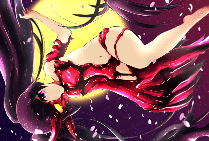 :o androgynous bangs blunt_bangs breasts claws full_moon heterochromia highres horns long_hair moon navel night night_sky no_headwear nude open_mouth oversized_forearms oversized_limbs petals pikomarie pointy_ears purple_eyes purple_hair puzzle_&amp;_dragons sky small_breasts solo star_(sky) twintails underboob very_long_hair yellow_eyes yomi_(p&amp;d)