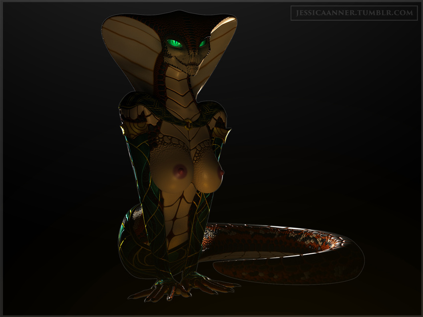 3d animated anthro breasts claws clothed clothing cobra corset elbow_gloves female fingerless_gloves gloves glowing glowing_eyes green_eyes half-dressed jessica_anner jewelry mask naga red_scales reptile scales scalie sha'an silk smile snake solo topless yellow_scales