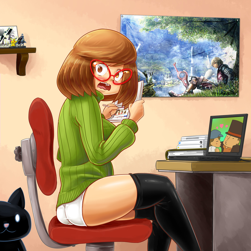 1girl amiibo ass brown_eyes brown_hair cat fujoshi glasses looking_at_viewer nikki_(swapnote) nintendo_3ds panties professor_layton swapnote underwear xenoblade