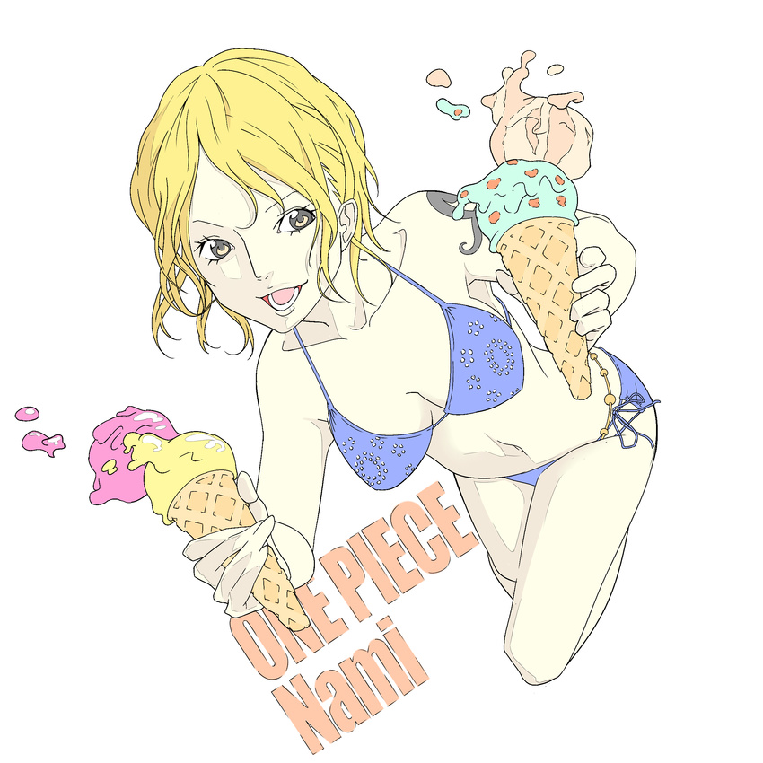 1girl bathing_suit food ice_cream nami_(one_piece) one_piece short_hair simple_background smile solo