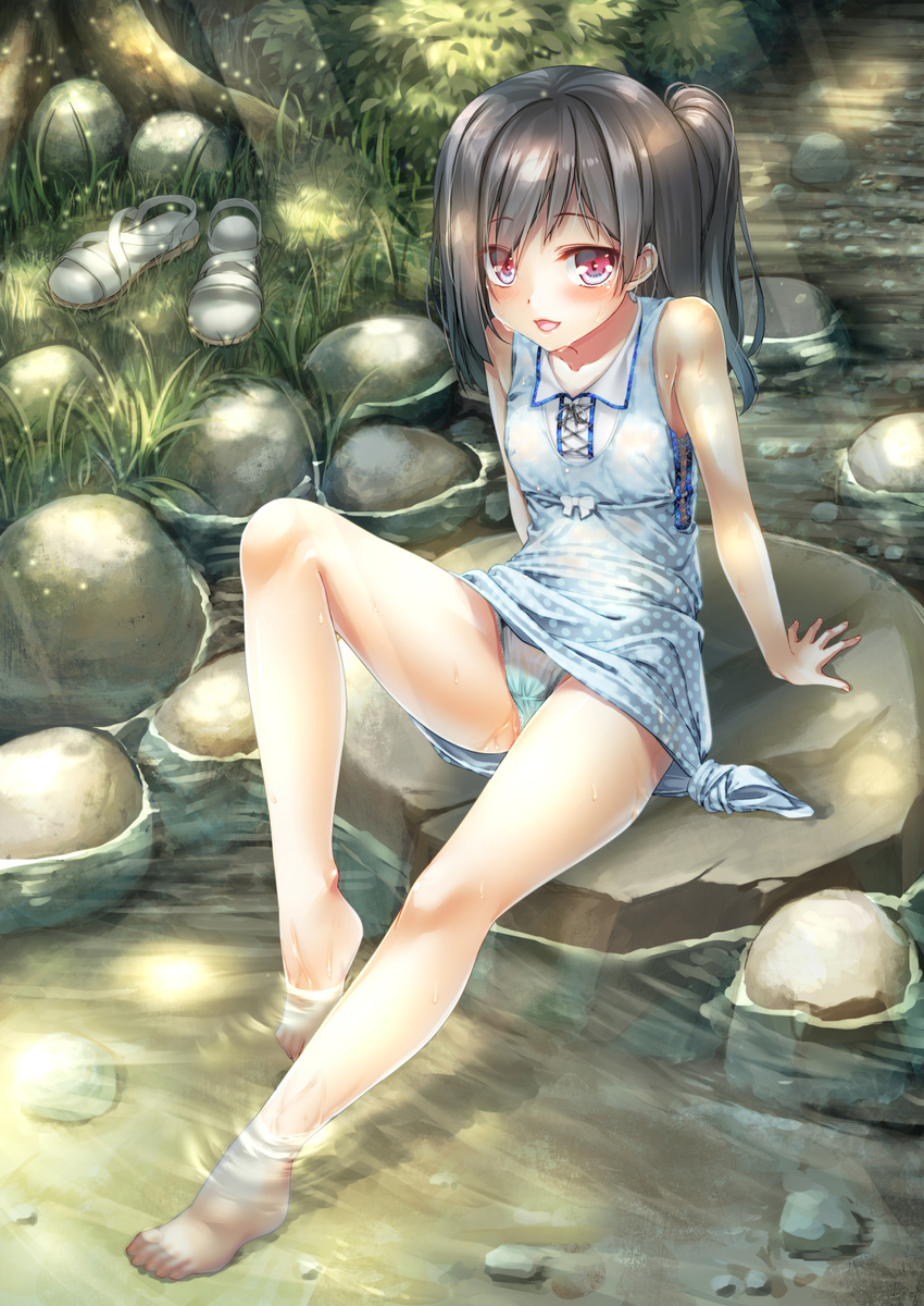 aqua_panties bangs bare_arms bare_legs bare_shoulders barefoot black_hair blue_panties blush borrowed_character day dress ecou eyebrows_visible_through_hair feet flat_chest full_body grass hair_over_one_eye highres knee_up knot light_particles light_rays long_hair looking_at_viewer nature open_mouth original outdoors panties pantyshot pantyshot_(sitting) plant polka_dot polka_dot_dress ponytail red_eyes revision river rock sandals sandals_removed see-through shizuku_(kantoku) shoes_removed short_dress sitting sitting_on_rock sleeveless sleeveless_dress smile soaking_feet solo stream sunbeam sundress sunlight sweat tied_dress toes underwear upskirt water wet wet_clothes wet_panties