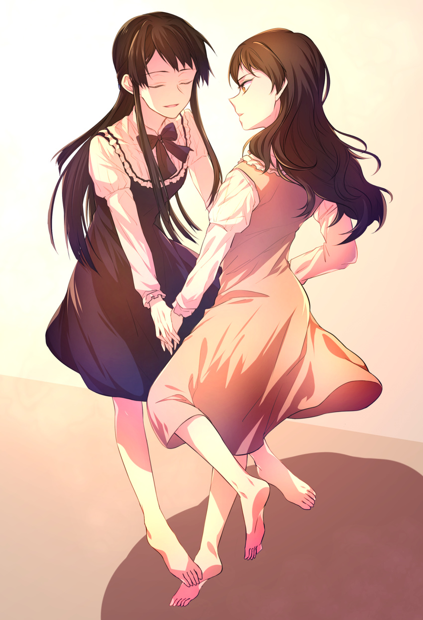 barefoot black_hair brown_eyes brown_hair closed_eyes highres holding_hands idolmaster idolmaster_million_live! kitazawa_shiho long_hair mogami_shizuka multiple_girls pclbang