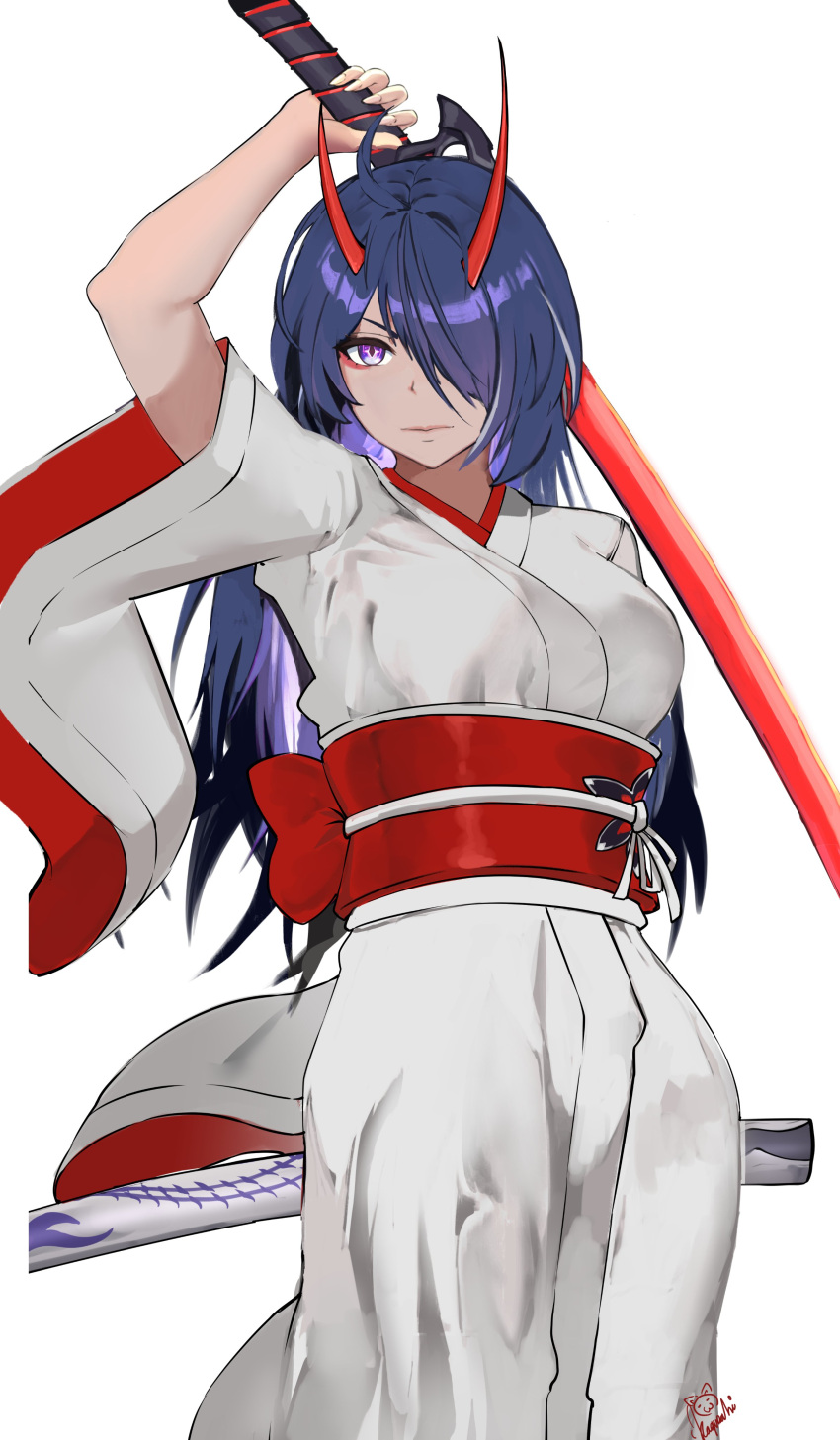 1girl absurdres acheron_(honkai:_star_rail) commentary_request highres holding holding_sword holding_weapon honkai:_star_rail honkai_(series) horns kagurachi katana long_hair looking_at_viewer purple_eyes purple_hair solo sword very_long_hair weapon