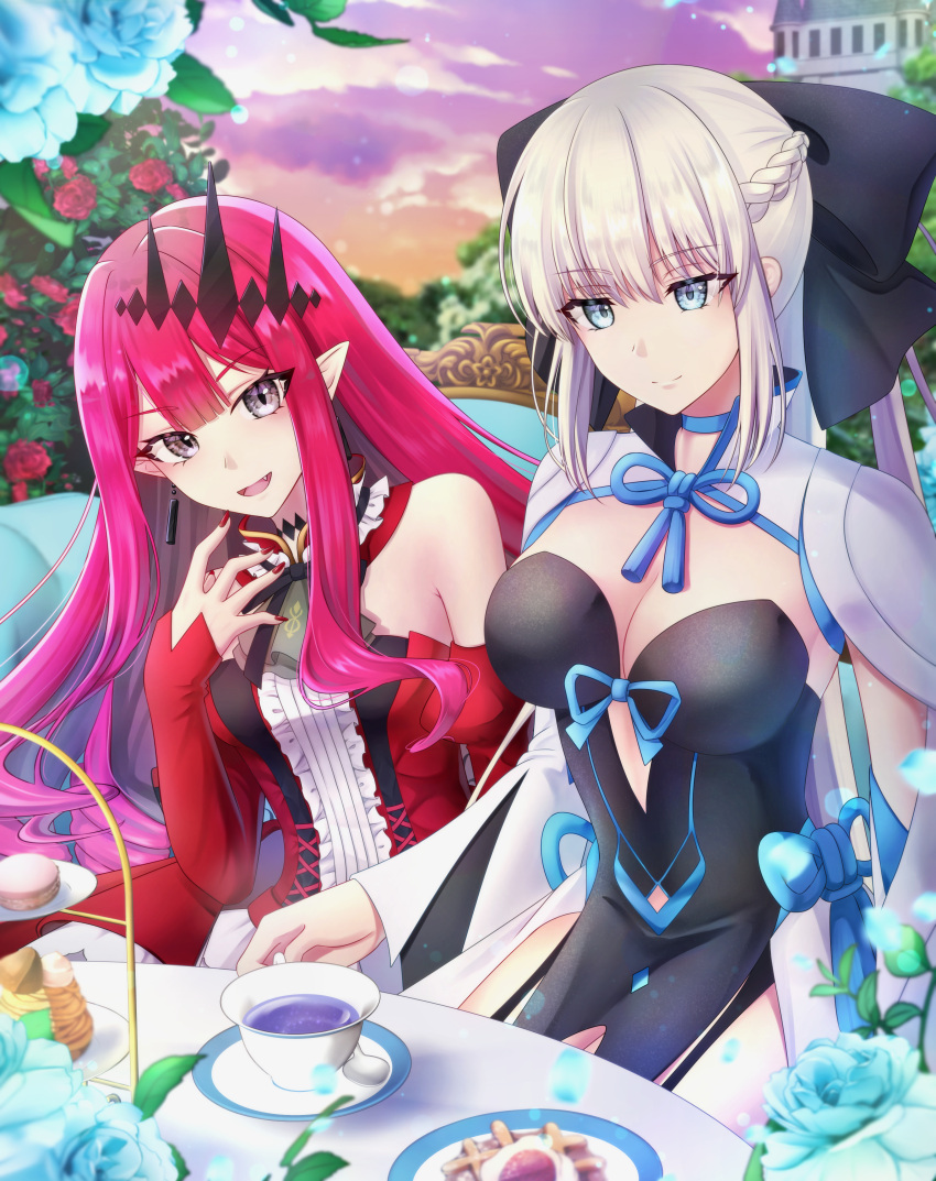 2girls :d absurdres baobhan_sith_(fate) baobhan_sith_(first_ascension)_(fate) bare_shoulders black_dress blue_eyes blue_flower breasts cleavage closed_mouth cup detached_sleeves dress earrings fate/grand_order fate_(series) flower frilled_dress frills grey_eyes hair_ornament hair_ribbon hand_up highres holding holding_cup jewelry looking_down looking_to_the_side morgan_le_fay_(fate) mother_and_daughter multiple_girls nail_polish open_mouth outdoors pink_hair pointy_ears ponytail red_dress red_flower red_nails ribbon rina_sukareltuto sidelocks sitting smile table tea teacup white_hair