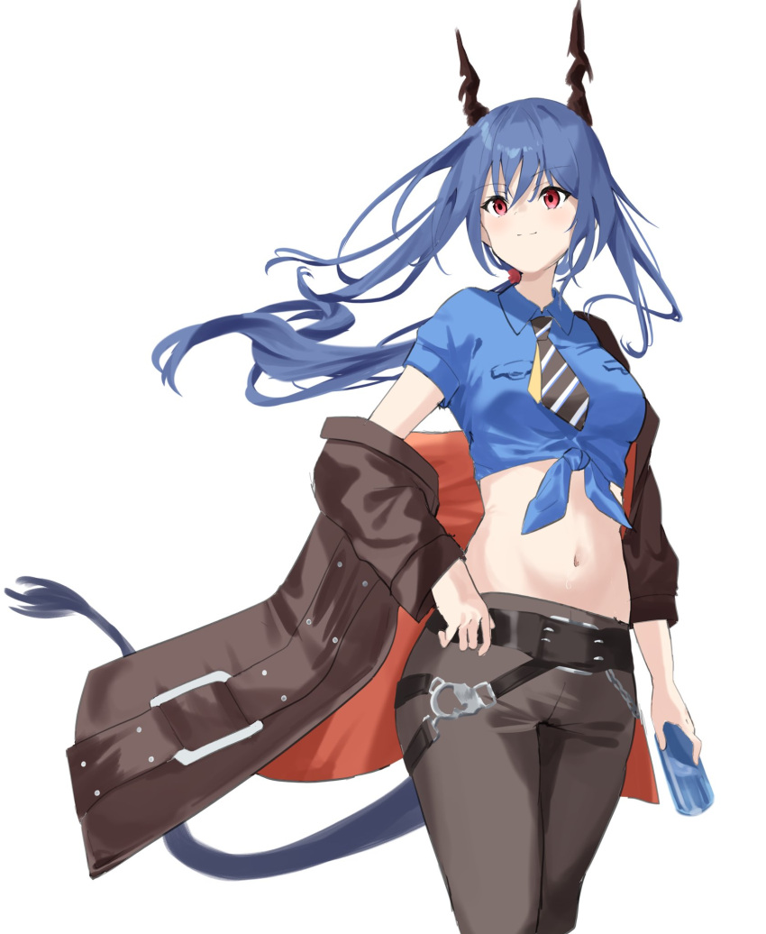 1girl arknights black_jacket black_necktie black_pants blue_hair blue_shirt breasts ch'en_(after_storm)_(arknights) ch'en_(arknights) cowboy_shot dragon_horns dragon_tail highres horns jacket leggings lily0428 long_hair midriff navel necktie official_alternate_costume pants purple_eyes shirt short_sleeves simple_background small_breasts smile solo standing stomach striped_necktie tail thighs tied_shirt very_long_hair white_background