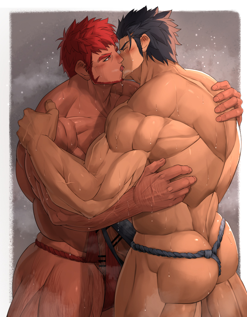 2boys ass bar_censor bara beard_stubble bellsaltr biceps black_hair blush bulge bulge_press bulges_touching censored closed_eyes erection facial_hair french_kiss frottage fundoshi highres hug huge_ass japanese_clothes kiss light_particles male_focus male_underwear manly mature_male multiple_boys muscular muscular_male original penis penises_touching red_eyes red_hair short_hair simple_background spiked_hair steam steaming_body stubble sweat sweatdrop thick_arms thick_eyebrows thick_thighs thighs tongue underwear veins yaoi