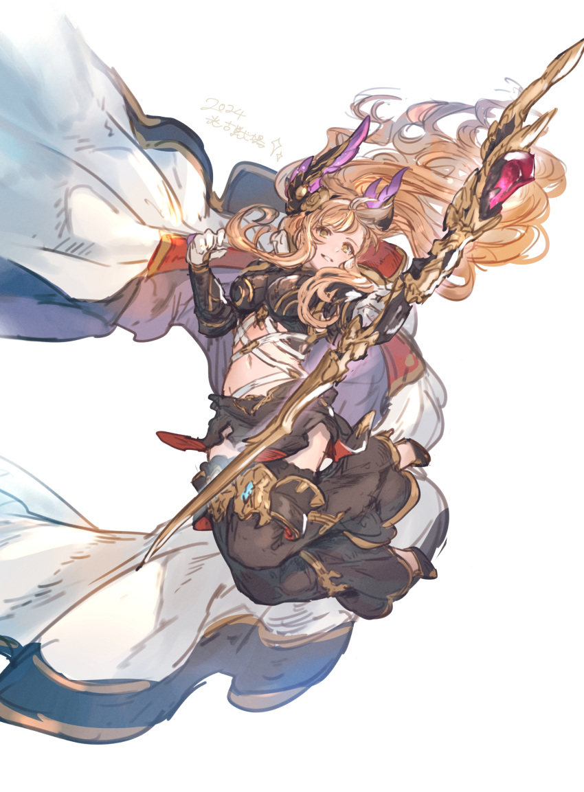 absurdres asymmetrical_bangs bell-bottoms bow_(weapon) brown_hair cape detached_pants granblue_fantasy hair_ornament head_wings highres midriff pants shimatani_azu tweyen_(granblue_fantasy) weapon wings wrist_straps