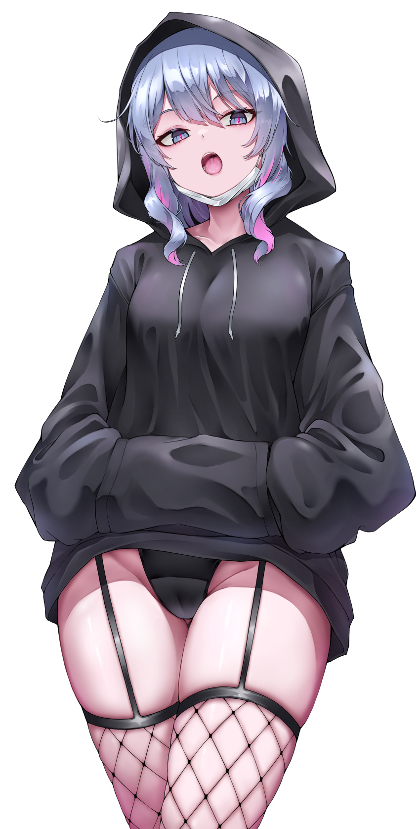 1girl absurdres black_hoodie black_leotard blue_hair cameltoe commentary fishnet_thighhighs fishnets garter_straps hands_in_pockets hatsune_miku highleg highleg_leotard highres hood hood_up hoodie lds_(dstwins97) leotard leotard_under_clothes long_hair long_sleeves looking_at_viewer mask mask_pull mouth_mask multicolored_hair open_mouth pink_hair pink_pupils rabbit_hole_(vocaloid) simple_background skindentation solo streaked_hair thighhighs thighs tongue vocaloid white_background