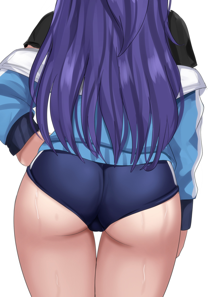 1girl absurdres arm_at_side ass black_shirt blue_archive blue_buruma buruma close-up commentary drie from_behind gym_uniform hand_on_own_hip highres jacket letterman_jacket long_hair long_sleeves purple_hair shirt simple_background solo straight_hair sweat thigh_gap thighs white_background yuuka_(blue_archive) yuuka_(track)_(blue_archive)