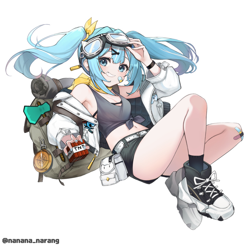1girl arahashi_tabi arm_up backpack bag bandaid bandaid_on_cheek bandaid_on_face bare_shoulders belt belt_buckle black_footwear black_shorts black_socks blue_eyes blue_hair breasts buckle cleavage commentary_request explosive full_body goggles goggles_on_head grey_tank_top grin hair_ornament hair_ribbon hairclip highres jacket long_hair long_sleeves minecraft nanana_narang navel off_shoulder open_clothes open_jacket puffy_long_sleeves puffy_sleeves ribbon shoes short_shorts shorts simple_background small_breasts smile socks solo stellive tank_top tnt tnt_block_(minecraft) twintails twitter_username virtual_youtuber white_background white_belt white_jacket yellow_ribbon