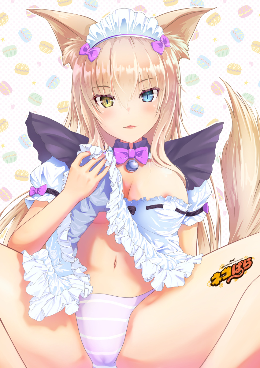 1girl :3 absurdres animal_ear_fluff animal_ears areola_slip arm_at_side bell blue_eyes blush bow bowtie breasts cameltoe cat_ears cat_tail coconut_(nekopara) commentary_request copyright_name curvy dark-skinned_female dark_skin dress eyelashes eyes_visible_through_hair frilled_dress frills hair_between_eyes hair_bow hand_up hetero highres jingle_bell large_breasts lifted_by_self lips looking_at_viewer maid maid_headdress navel neck_bell nekopara no_bra panties parted_lips polka_dot polka_dot_background presenting puffy_short_sleeves puffy_sleeves purple_bow purple_bowtie purple_panties raiz_art_works short_dress short_sleeves sidelocks simple_background sitting sleeve_bow slit_pupils smile solo spread_legs star_(symbol) tail tail_raised thighs underboob underwear waitress white_dress yellow_eyes