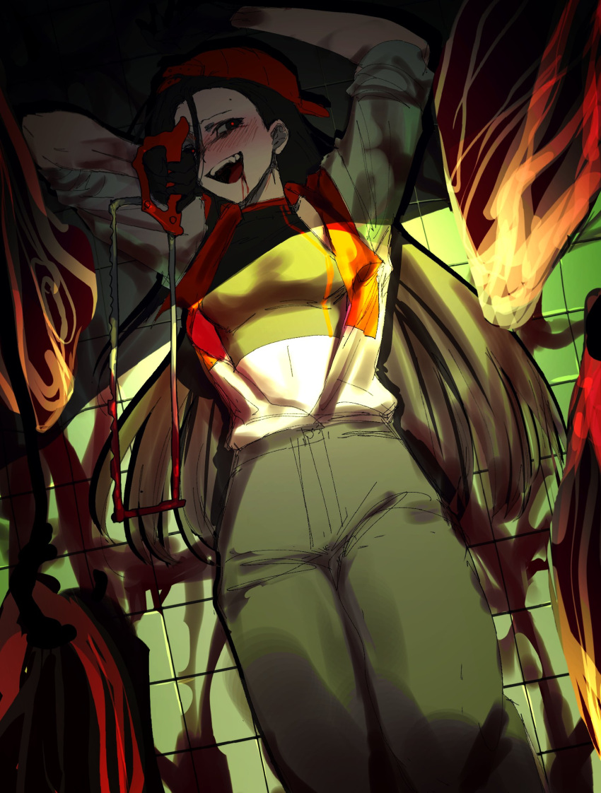 1girl absurdres arms_up backwards_hat baseball_cap black_eyes black_hair blood blood_from_mouth blood_on_clothes blood_on_ground bonesaw breasts butcher_vanity_(synthesizer_v) cropped_shirt green_shirt hat highres holding holding_weapon looking_to_the_side lying medium_breasts on_back open_mouth red_hat saw shirt smile solo synthesizer_v tile_floor tiles tongue tsu_(lovesick1964) v weapon yi_xi_(synthesizer_v)