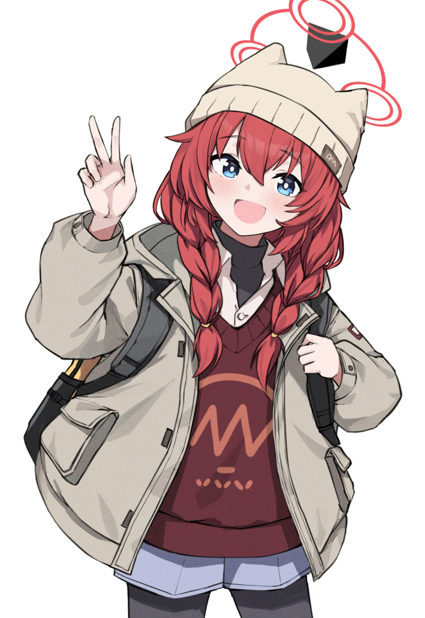 1girl :d animal_hat backpack bag bag_(chrko_bag) beanie black_pantyhose black_sweater blue_archive blue_eyes blue_shorts blush braid cat_hat collared_jacket collared_shirt cowboy_shot grey_jacket hair_over_shoulder halo hat highres jacket layered_clothes legs_apart long_hair long_sleeves looking_at_viewer low_twin_braids maki_(blue_archive) maki_(camp)_(blue_archive) open_clothes open_jacket open_mouth pantyhose pantyhose_under_shorts print_sweater red_hair red_sweater shirt shorts sidelocks simple_background smile solo sweater turtleneck turtleneck_sweater twin_braids v v-neck white_background white_hat white_shirt