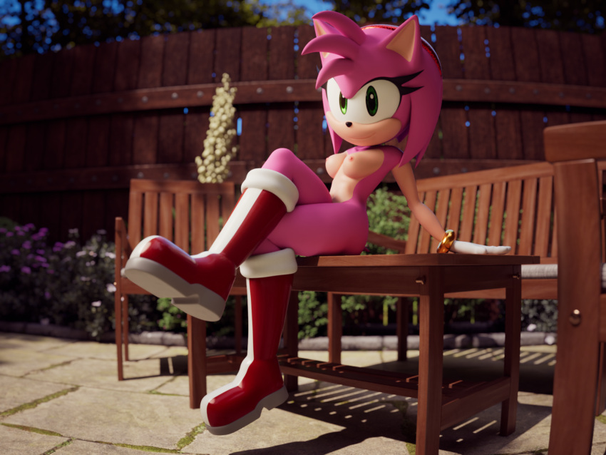 3d_(artwork) amy_rose anthro breasts clothing digital_media_(artwork) eulipotyphlan female footwear footwear_without_bottomwear fur ganondork green_eyes handwear hedgehog hi_res mammal nipples pink_body sega smile solo sonic_the_hedgehog_(series)