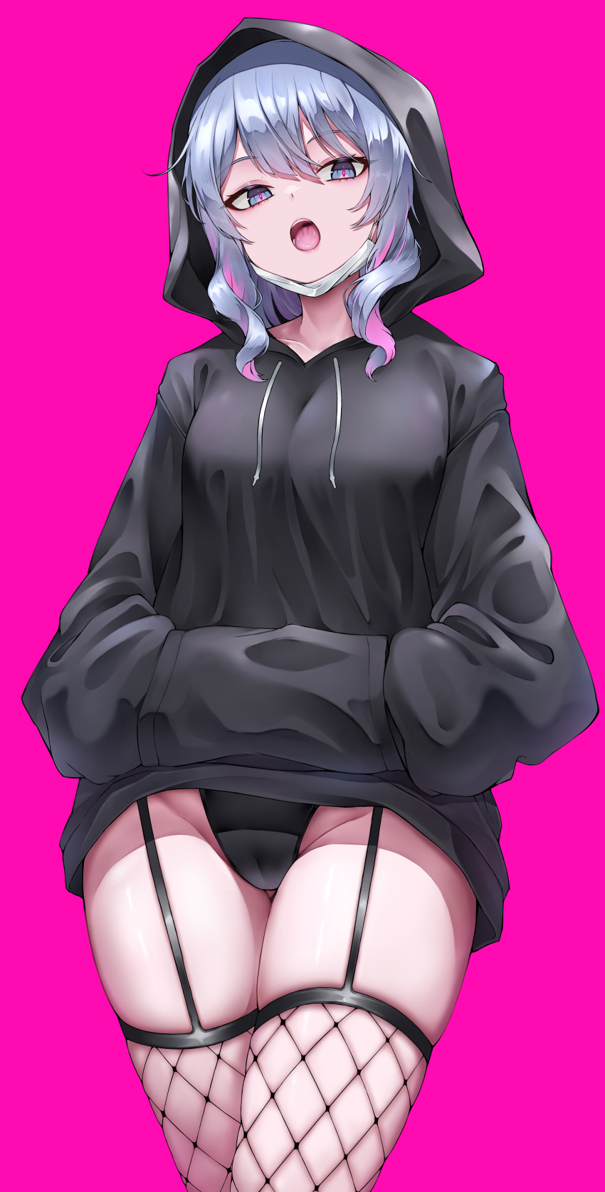1girl absurdres black_hoodie black_leotard blue_hair cameltoe commentary fishnet_thighhighs fishnets garter_straps hands_in_pockets hatsune_miku highleg highleg_leotard highres hood hood_up hoodie lds_(dstwins97) leotard leotard_under_clothes long_hair long_sleeves looking_at_viewer mask mask_pull mouth_mask multicolored_hair open_mouth pink_background pink_hair pink_pupils rabbit_hole_(vocaloid) simple_background skindentation solo streaked_hair thighhighs thighs tongue vocaloid