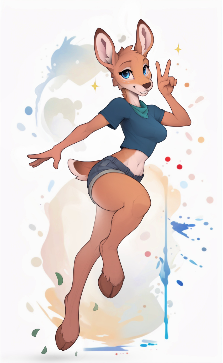 2024 absurd_res anthro blue_eyes bottomwear breasts brown_body brown_fur clothing cloven_hooves crop_top deer eyebrows eyelashes female fur gesture hand_gesture hi_res hooves inner_ear_fluff looking_at_viewer mammal midriff navel shirt shorts smile solo sparkles tan_body tan_fur topwear tuft v_sign yakovlev-vad