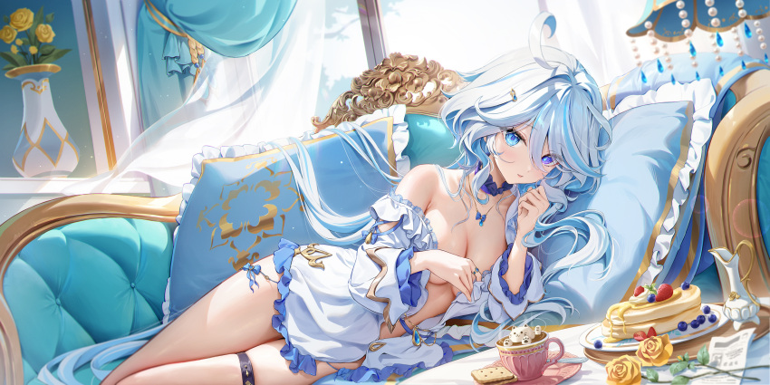 1girl absurdres alternate_costume bare_shoulders belt blue_choker blue_eyes blue_hair blush breasts choker cleavage collarbone couch cowlick feet_out_of_frame floor_lamp flower food frilled_choker frilled_shirt frills furina_(genshin_impact) genshin_impact hair_between_eyes highres houkisei indoors jewelry light_blue_hair light_particles long_hair looking_at_viewer lying medium_breasts multicolored_hair necklace on_couch on_side pancake parted_lips partially_undressed rose shirt solo streaked_hair table thigh_belt thigh_strap thighs very_long_hair wavy_hair white_hair white_shirt yellow_flower yellow_rose