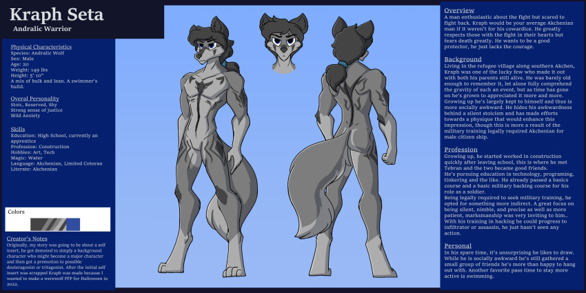 2:1 absurd_res anthro blue_eyes canid canine canis chest_tuft digitigrade english_text featureless_crotch front_view fur fur_markings grey_body grey_fur hair hi_res kailun_setra male mammal markings model_sheet nude ponytail rear_view setriaphtfj simple_background solo text tuft wolf