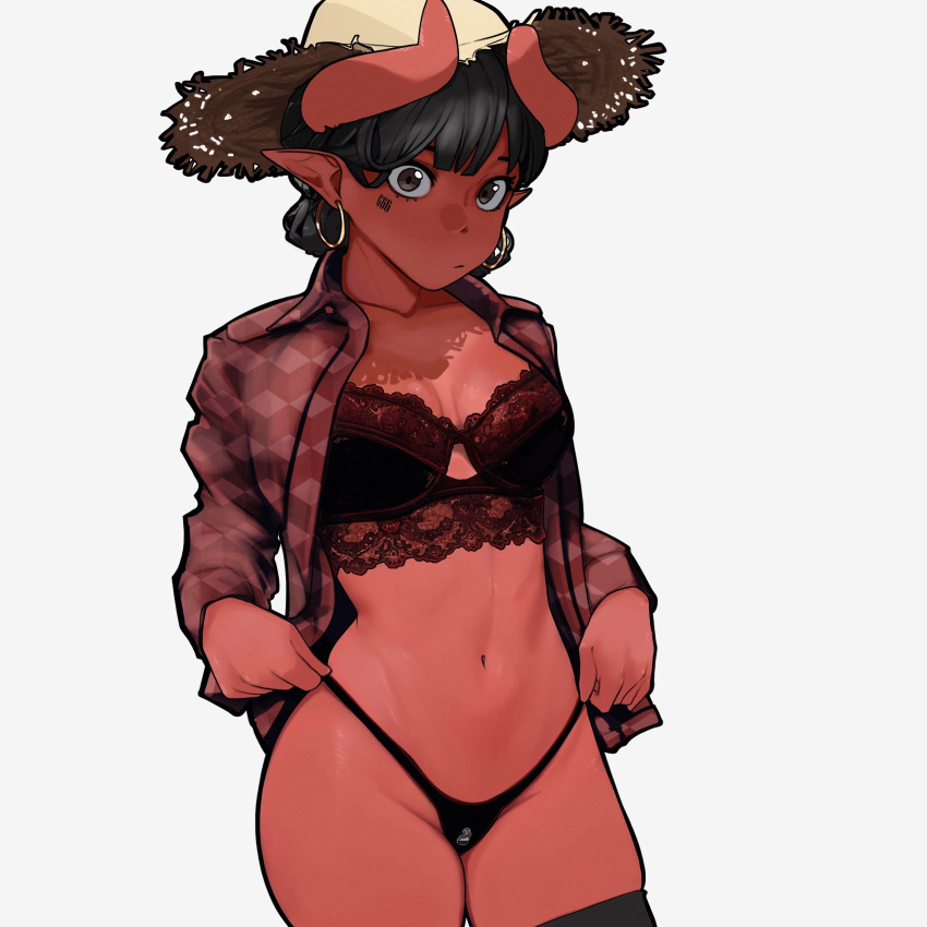 1girl 666 absurdres artem_vitt black_hair black_thighhighs bra breasts brown_eyes cowboy_shot demon_girl demon_horns earrings expressionless hat highleg highleg_panties highres horns jewelry lingerie looking_at_viewer number_tattoo open_clothes open_shirt original panties pointy_ears red_shirt russian_commentary shirt short_hair simple_background straw_hat string_panties sun_hat tattoo thighhighs translated underwear white_background