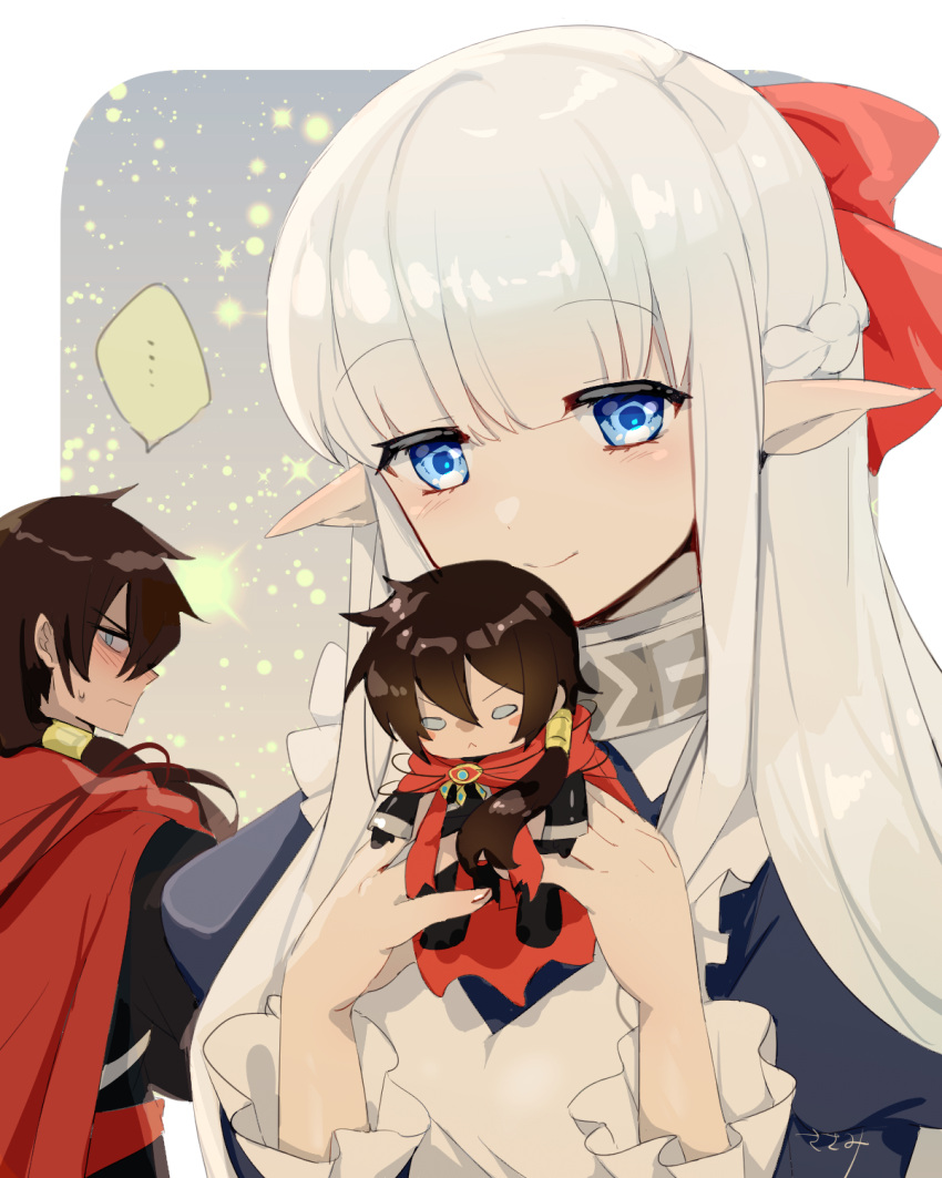 1boy 1girl apron black_dress blue_eyes blush bow braid brown_hair cape character_doll closed_mouth collar dress hair_bow highres juliet_sleeves long_hair long_sleeves looking_at_viewer low_ponytail maou_no_ore_ga_dorei_elf_wo_yome_ni_shitanda_ga_dou_medereba_ii? nephelia puffy_sleeves red_bow red_cape sidelocks smile torino_sasami very_long_hair white_apron white_hair zagan_(maou_no_ore_ga)